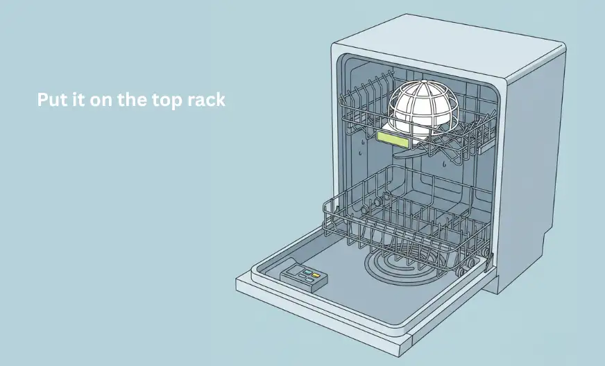 White baseball cap placed inside a hat washer cage on the top rack of a dishwasher, positioned away from the heating element