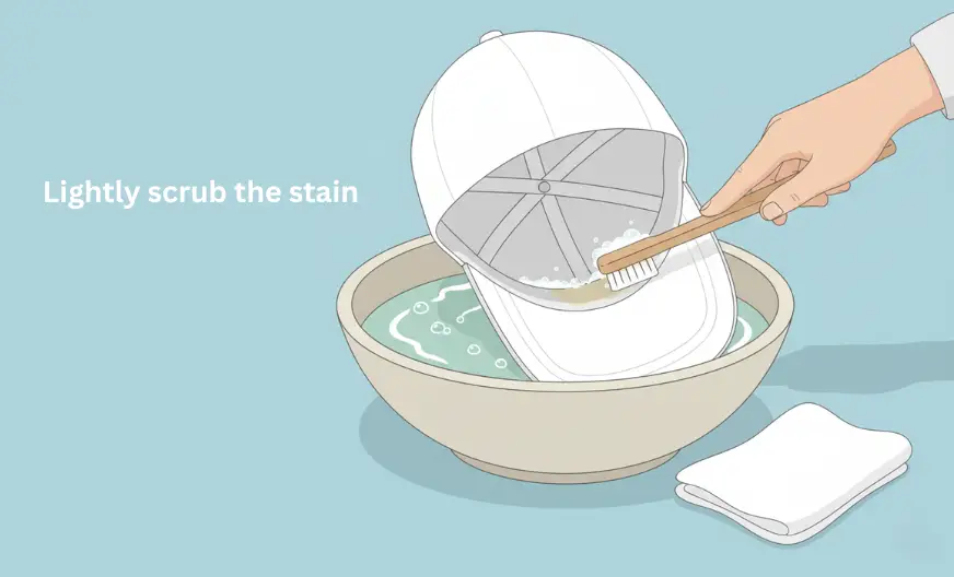White baseball cap being gently scrubbed with a soft-bristle toothbrush to remove sweat stains from the inside sweatband