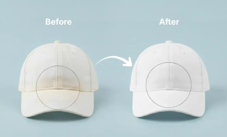 Before and after showing how to get sweat stains out of white hats using a safe cleaning method