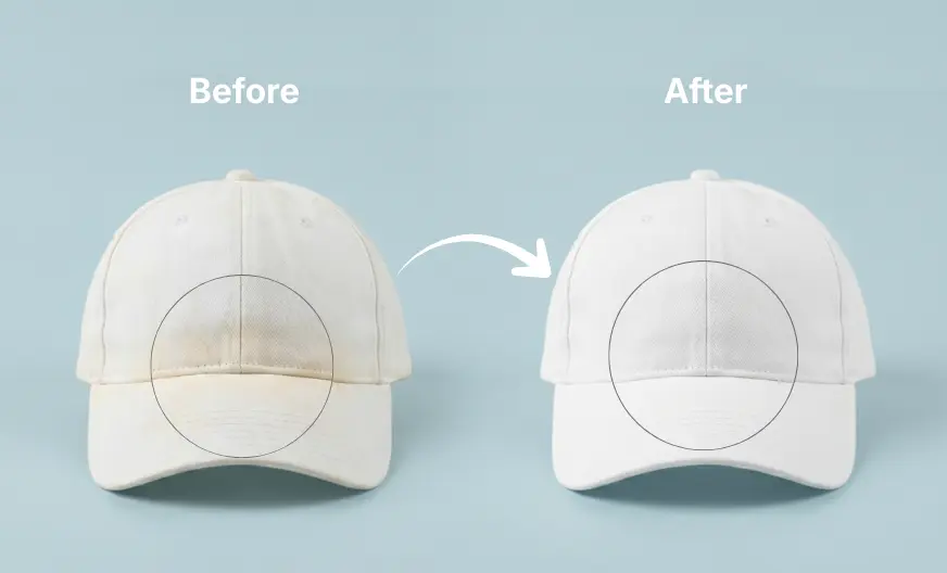Before and after showing how to get sweat stains out of white hats using a safe cleaning method
