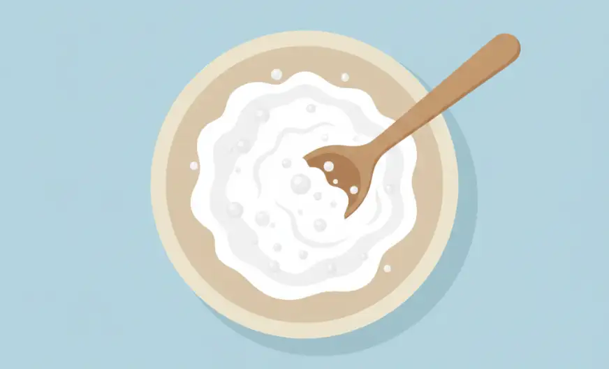 Flat vector illustration showing hydrogen peroxide and baking soda mixed into a smooth cleaning paste in a small bowl