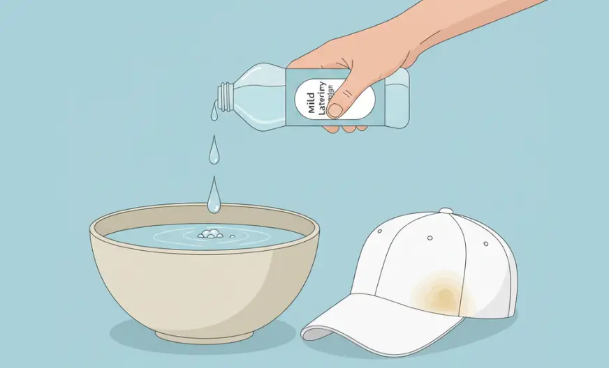 Mixing mild detergent in a large bowl of lukewarm water to clean a white baseball cap with sweat stains