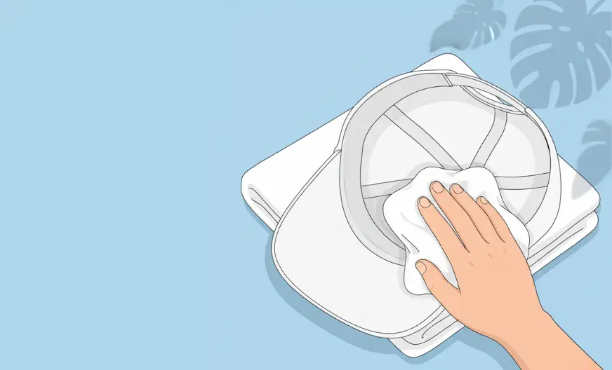 White baseball cap placed on a towel being gently pat with a hand to remove excess water, set to air dry naturally in a shaded area away from direct sunlight