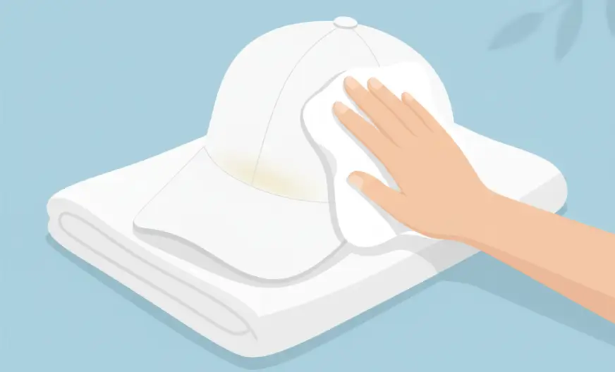 White baseball cap placed on a towel being gently patted with another towel to remove excess water, set to air dry in the shade