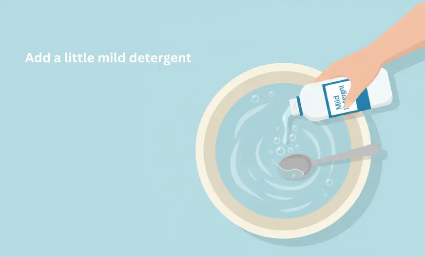 Large bowl filled with lukewarm water and mild detergent being mixed, hand optionally stirring gently, ready for cleaning a white baseball cap