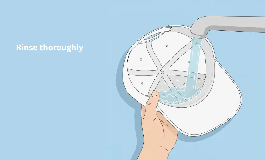 White baseball cap with yellow and brown sweat stains on the inside sweatband being rinsed under lukewarm water to remove all stain-fighting paste