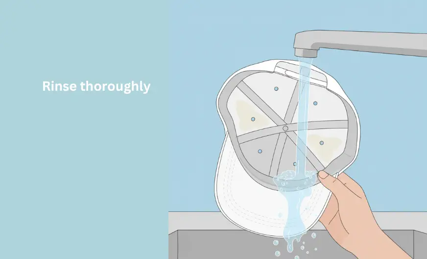 White baseball cap being rinsed under lukewarm running water to remove all soap from the inside sweatband
