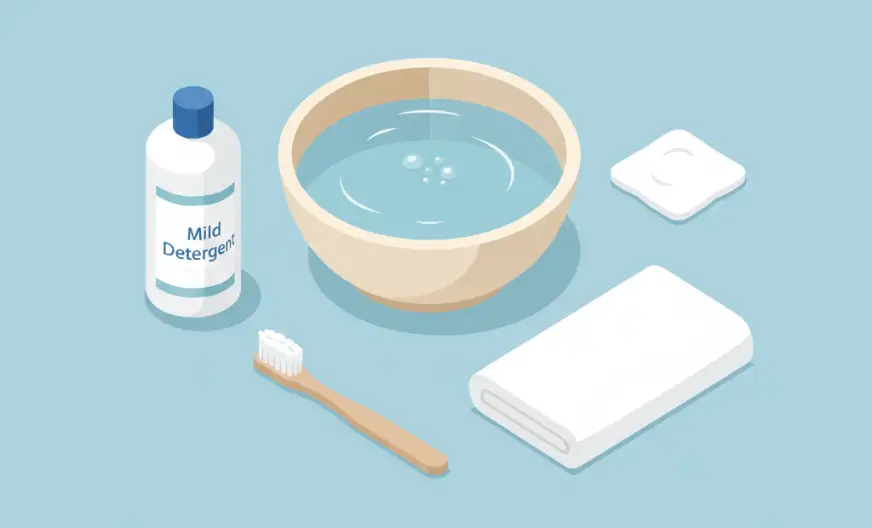 Tools needed to clean a white baseball cap: bowl with lukewarm water, mild detergent, soft-bristle toothbrush, soft cloth, and towel