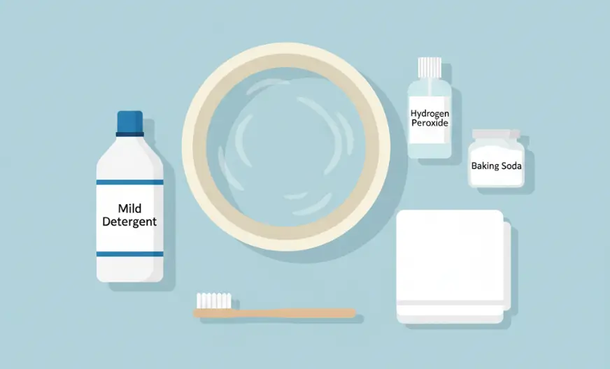 Tools needed to remove yellow and brown sweat stains from a white baseball cap, including a large bowl with lukewarm water, mild detergent, hydrogen peroxide, baking soda, soft brush, and folded towel, shown in realistic top-down view