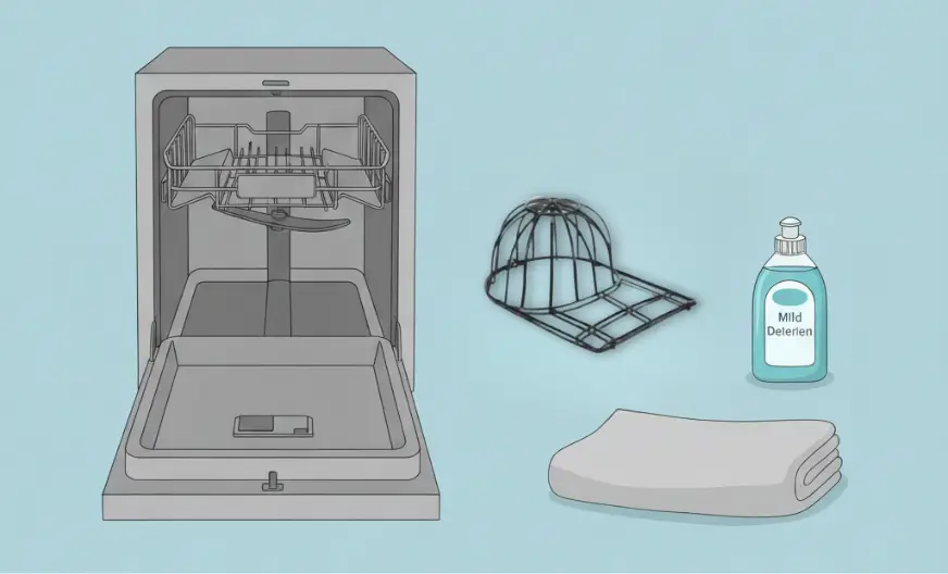 Dishwasher, mild detergent, hat washer cage to protect a white baseball cap, and a towel for patting the hat dry