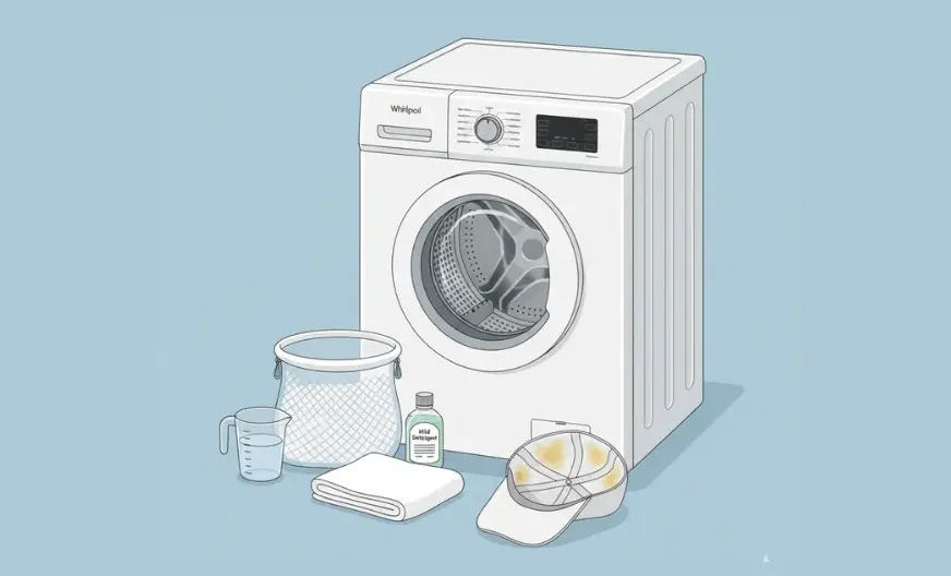 Washing machine with control panel visible, cold water and mild detergent (1–2 teaspoons), a laundry bag or pillowcase to protect a white baseball cap, and a towel for patting the hat dry
