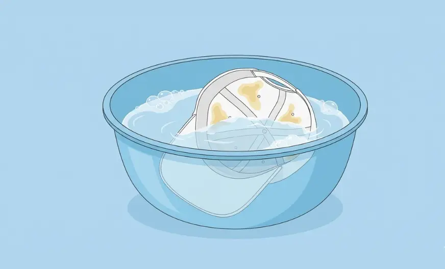 White baseball cap fully submerged in the large bowl filled with lukewarm water and mild detergent, inside sweatband visible, slight bubbles on water surface