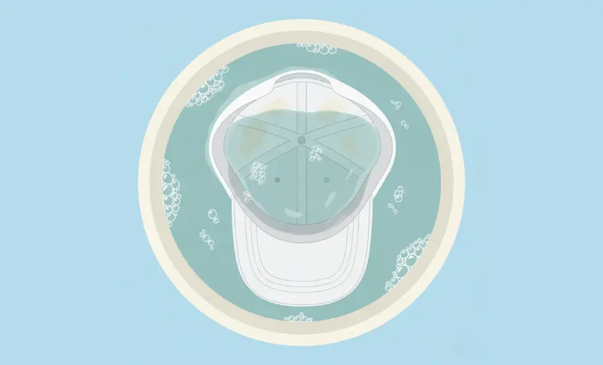 White baseball cap fully submerged in detergent water, soaking to remove sweat stains from the inside sweatband