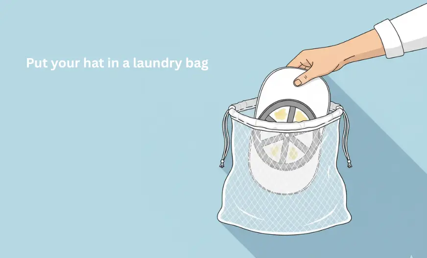 White baseball cap being placed inside a laundry bag or pillowcase to protect it from bending or rubbing, hand gently holding the cap
