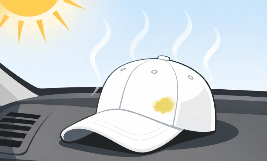 White baseball hat left on a car dashboard under bright sunlight, showing heat waves and a yellow stain indicating heat damage.