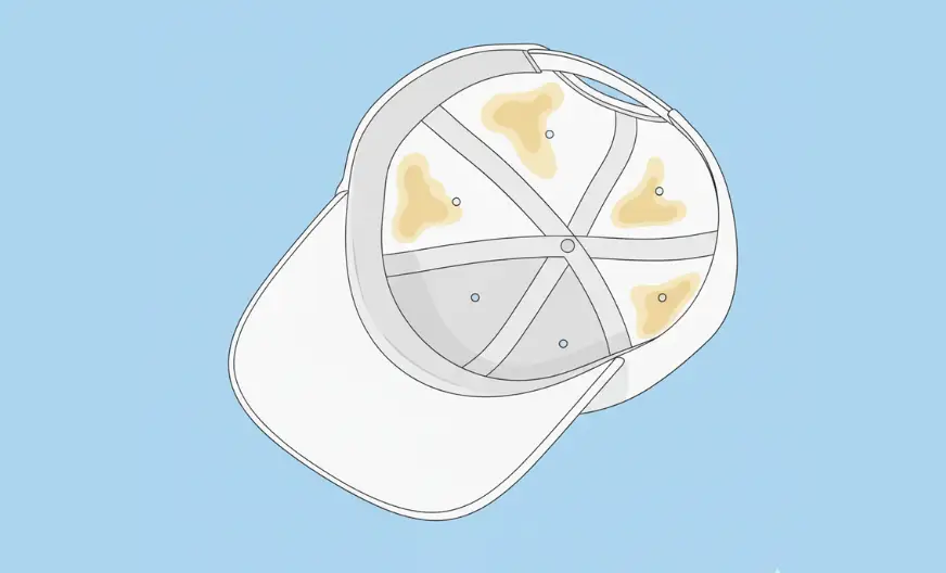 White baseball cap showing yellow and brown sweat stains on the inside sweatband