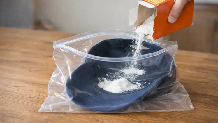 How to Deodorize a Hat: 5 Simple Ways to Kill the Stink Without Ruining It 3 Baking soda being poured into an open plastic bag containing a navy baseball cap for deodorizing