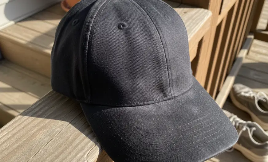 How to Wash a Hat Without Ruining It: Our Tested 2026 Guide 8 A black baseball cap placed on a wooden porch railing showing dull and faded fabric due to sun exposure.