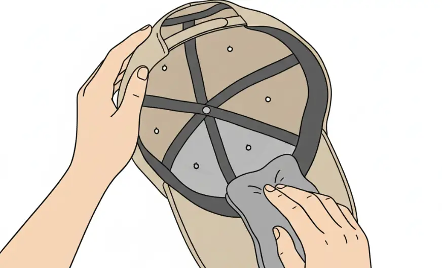 Hat Care: How to Clean, Wash, and Maintain Your Hats Safely 4 Hands gently cleaning hat sweatband stains using a soft cloth with careful pressure to protect fabric