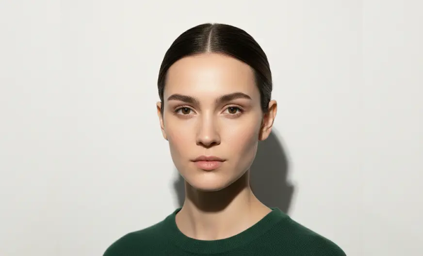 Face Shape Calculator 8 Female with diamond face shape, cheekbones are the widest part of the face, forehead and chin are narrow, angular and defined facial features