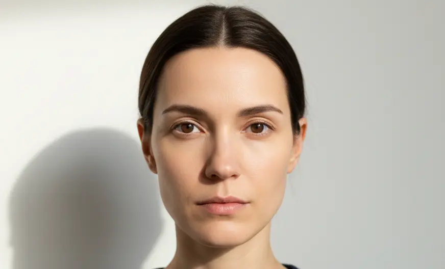 Face Shape Calculator 5 Female with rectangle (long) face shape, forehead, cheeks, and jaw are similar width, face longer than it is wide, strong jawline, slightly angular features