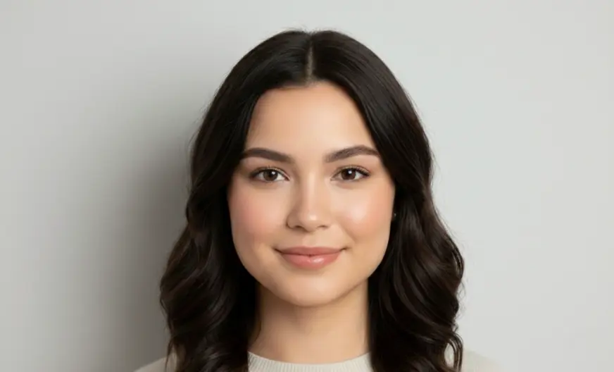 Face Shape Calculator 3 female with round face shape, face length and cheekbone width equal, soft jawline, no sharp angles