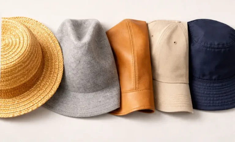 Image showing different hat materials including straw, wool felt, leather, cotton, and synthetic fabrics used in hats