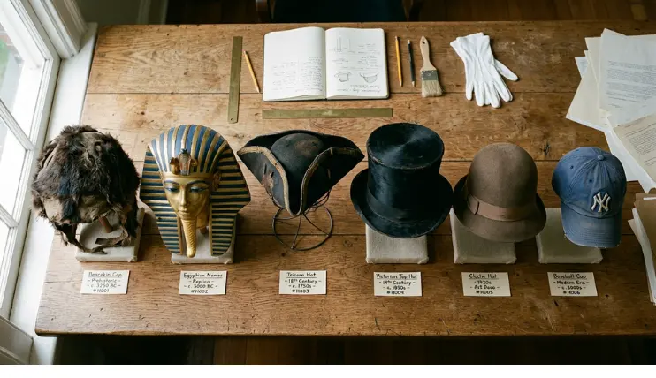 History of hats timeline showing six historical headwear styles from 3250 BC to modern day including bearskin cap, Egyptian Nemes, tricorn hat, Victorian top hat, cloche hat, and baseball cap arranged chronologically