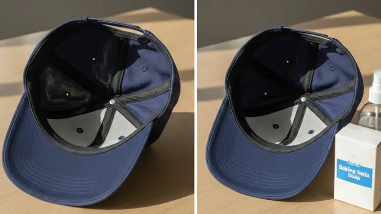 Home 6 A before and after comparison showing how to deodorize a hat. The left side shows sweat stains inside the brim, and the right side shows the hat looking clean and refreshed after being treated.