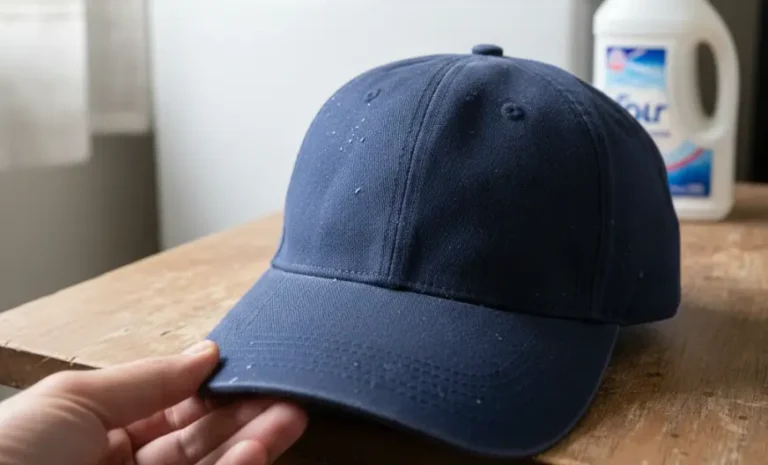 Home 7 Close-up of a damp baseball cap being held on a table during cleaning for showing How to wash a hat safely