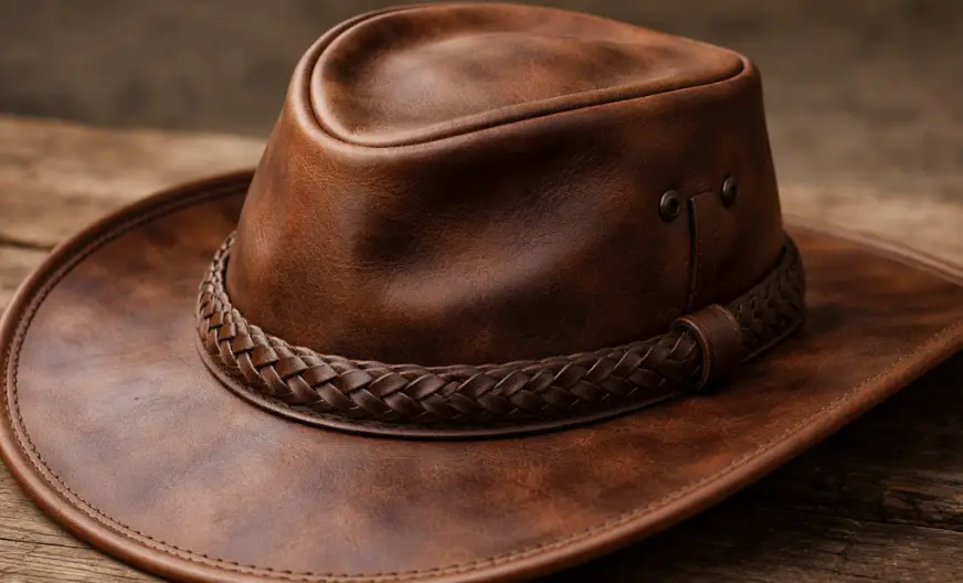 Hat Materials Explained: A Complete Guide to Choosing the Right Fabric 7 Leather hat showing smooth, strong texture suitable for rugged outdoor use.