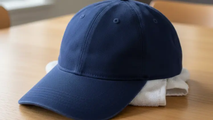 How to Deodorize a Hat: 5 Simple Ways to Kill the Stink Without Ruining It 11 A blue baseball cap placed on a wooden table with a white towel stuffed inside to maintain its shape while air drying.
