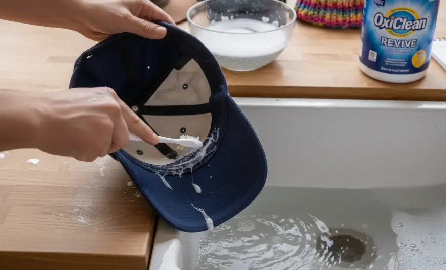 How to Wash a Hat Without Ruining It: Our Tested 2026 Guide 5 Close-up of a toothbrush with soap being used to scrub the inner sweatband of a submerged baseball cap in a kitchen sink.