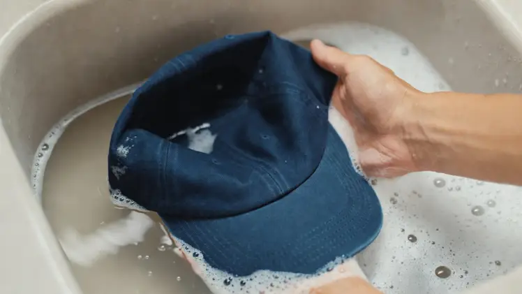 How to Deodorize a Hat: 5 Simple Ways to Kill the Stink Without Ruining It 9 A blue baseball cap submerged in a sink filled with cool soapy water and laundry detergent for a fifteen-minute soak.