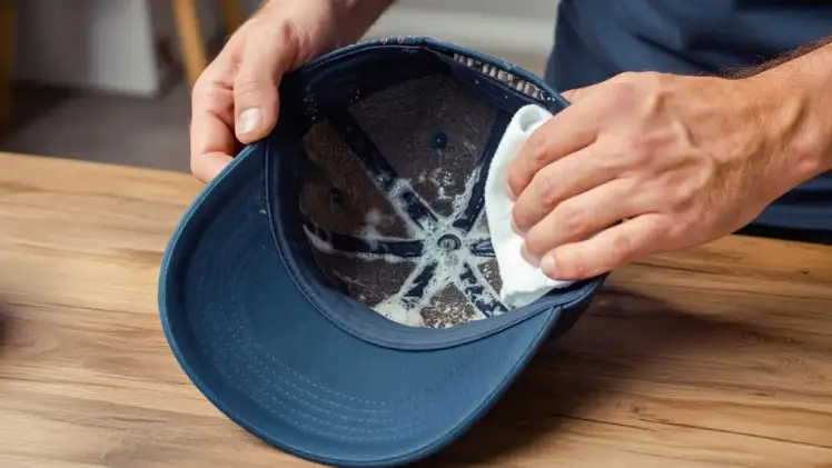 How to Deodorize a Hat: 5 Simple Ways to Kill the Stink Without Ruining It 10 A person spot-cleaning the inside of a blue baseball cap with a white cloth and soapy water to remove stains.
