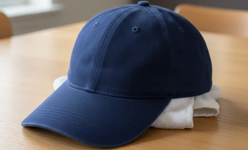 How to Wash a Hat Without Ruining It: Our Tested 2026 Guide 7 A white towel stuffed inside a navy blue baseball cap to maintain the natural shape of the crown on a wooden table.