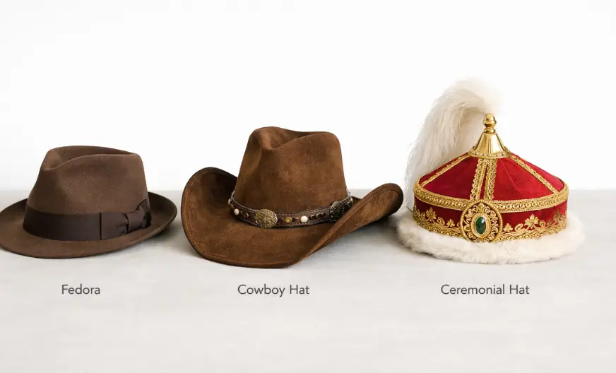 Three traditional and formal hats placed side by side on a neutral surface: a brown Fedora, a suede Cowboy Hat with decorative band, and a red and gold Ceremonial Hat with feathers. Each hat labeled clearly beneath.