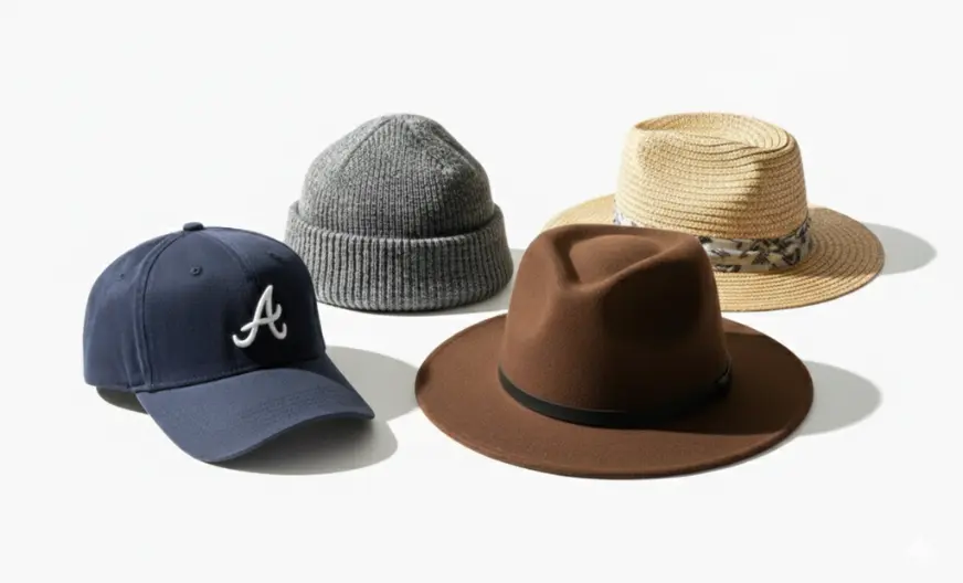 Various types of hats including a cap, beanie, fedora, and wide-brim hat, showing what is a hat in real life