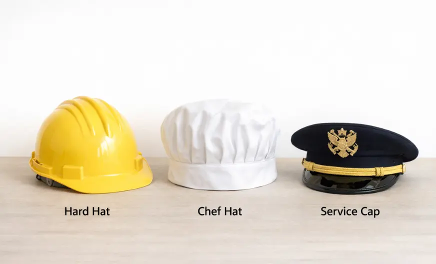 Three work and safety hats placed on a surface: a hard hat, a chef hat, and a service cap, photographed in natural light on a plain light background.