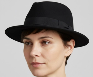 3 Best Hats for Pixie Cut in 2026 (That Actually Stay On) 3 Woman wearing a black short-brim felt fedora hat, perfect for pixie cut hairstyle, on a solid background