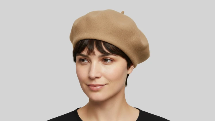 3 Best Hats for Pixie Cut in 2026 (That Actually Stay On) 8 Woman with a pixie haircut wearing a classic French beret, solid color, perfect for pixie cut hairstyle, on a neutral solid background