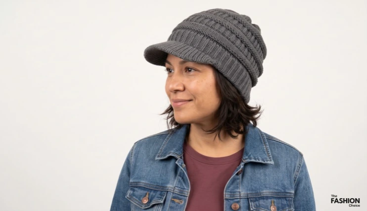 7 Best Winter Hats for Short Hair 14 Woman with short layered hair wearing a charcoal grey C.C. brimmed knit hat