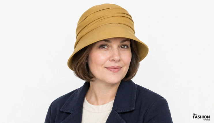 7 Best Winter Hats for Short Hair 13 Woman with a short bob haircut wearing a mustard-gold Comhats vintage cloche hat