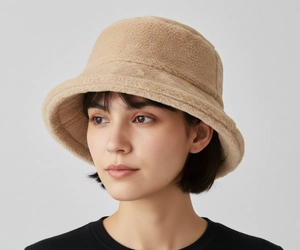 Woman with short hair wearing a faux fur fuzzy bucket hat