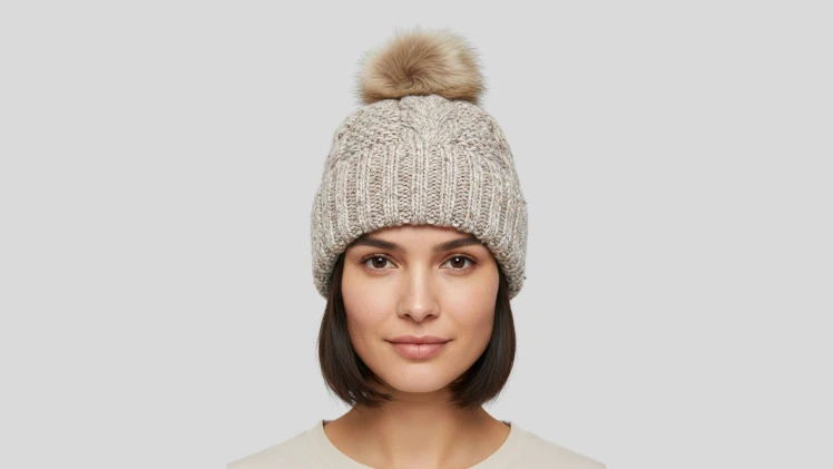 Woman with short hair wearing a faux fur pom fleece lined beanie