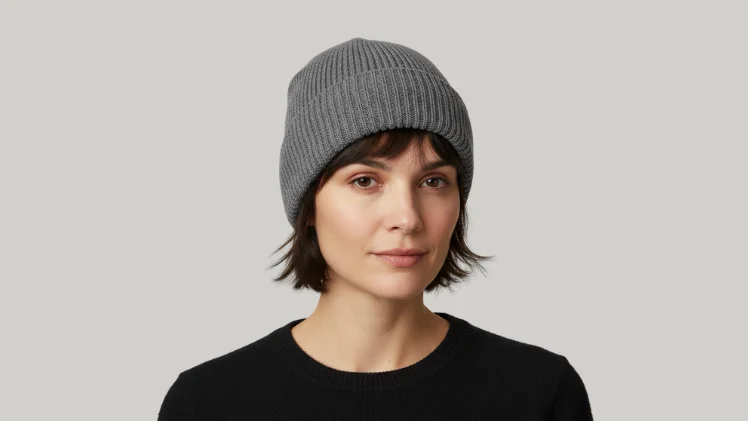 Woman with short hair wearing a fleece lined knit cuffed beanie