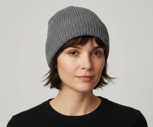 Woman with short hair wearing a fleece lined knit cuffed beanie