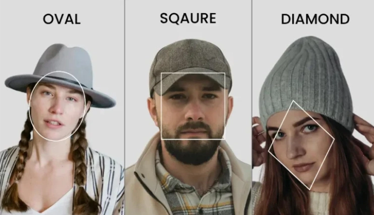 Three people wearing hats that suit their face shape, oval face in fedora, square face in baseball cap, and diamond face in beanie