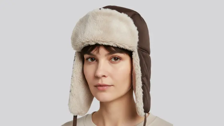 Woman with short hair wearing a trapper ushanka hat with ear flaps
