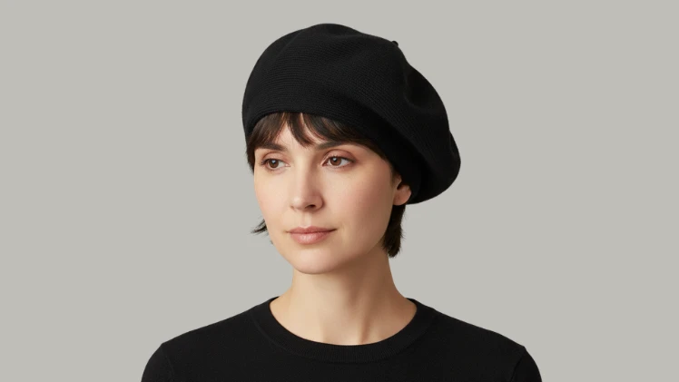 Woman with short hair wearing a wool angora knit beret